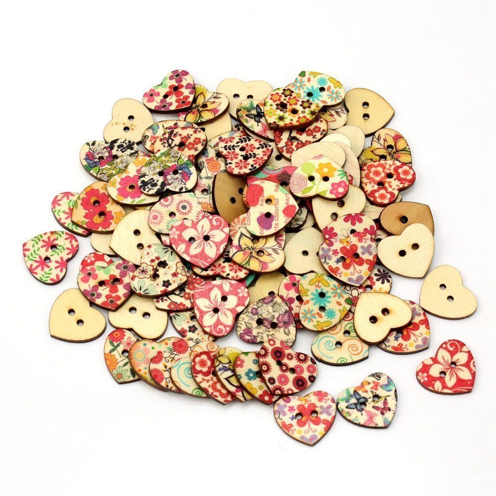 Sewing Buttons Assorted Wooden Heart Buttons - Mixed Sizes & Colors For Sewing Crafts DIY Wooden Craft Buttons